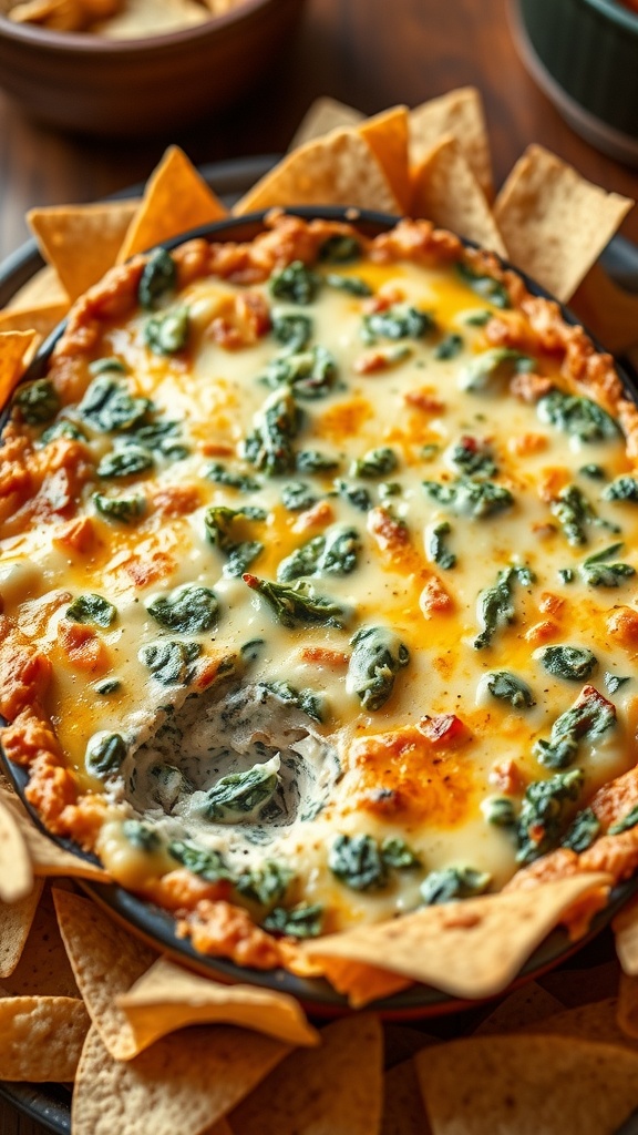 Cheesy spinach and artichoke dip in a baking dish with tortilla chips, served warm.